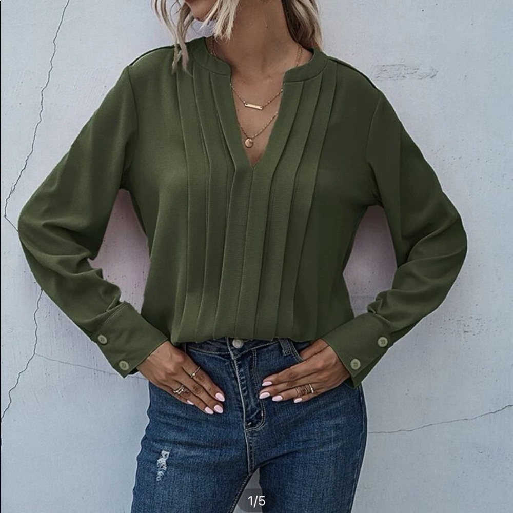 V neck long sleeve olive blouse